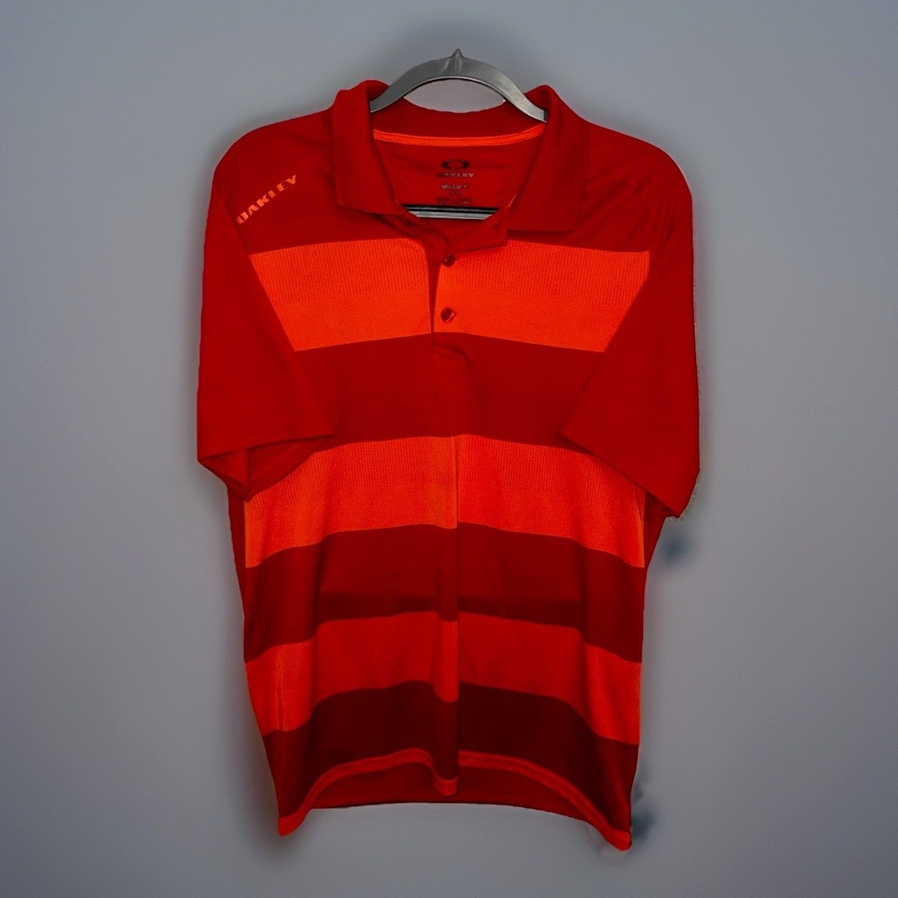 Oakley Polo Shirt Mens Size Large Red Orange Striped Short Sleeve Logo Collared